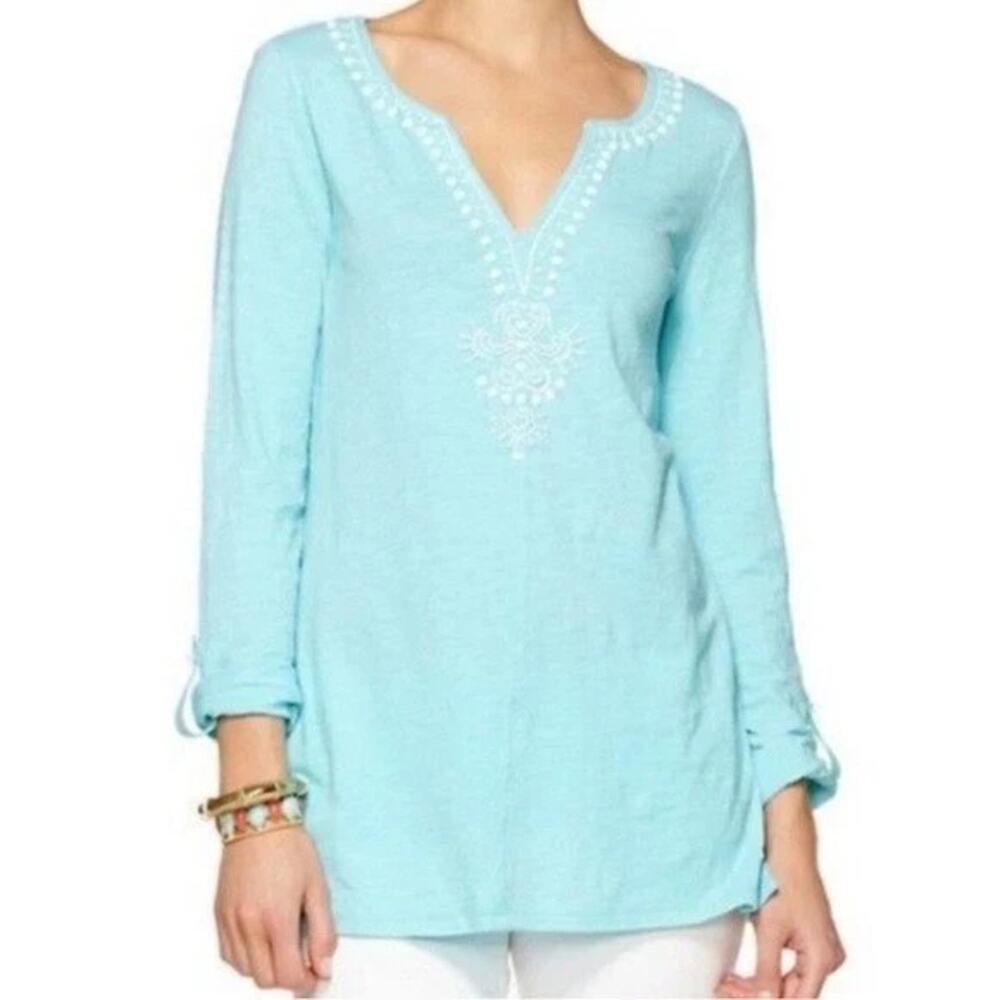 Lilly Pulitzer Eliana Light Blue Long Sleeve Beaded Jersey Knit Tunic Size XS
